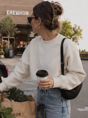 KOTN Cream Cropped Crewneck Sweatshirt Egyptian Cotton Pullover Medium Soft Cozy